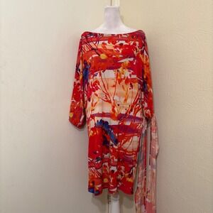 Abi Ferrin Red Orange Abstract Floral Kimono Sleeve Boat Neck Convertible Dress